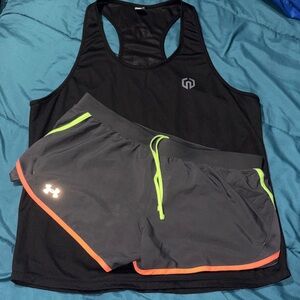 Under Armour Gray Shorts w/ Neon Accents & Black tank -L